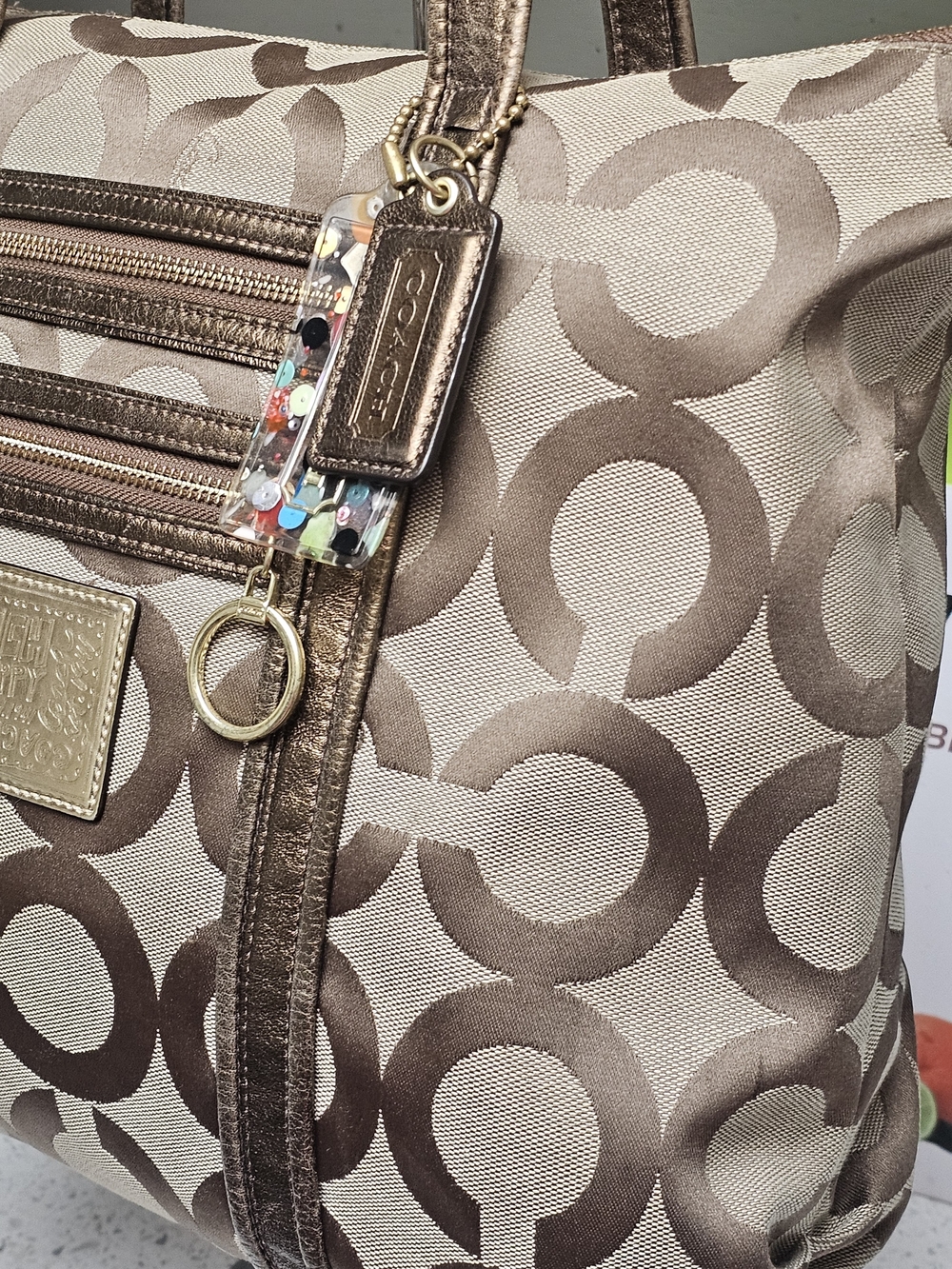 Coach Poppy Glam Op Art Signature Jacquard Canvas & Khaki Bronze Metallic Tote - Picture 11 of 15